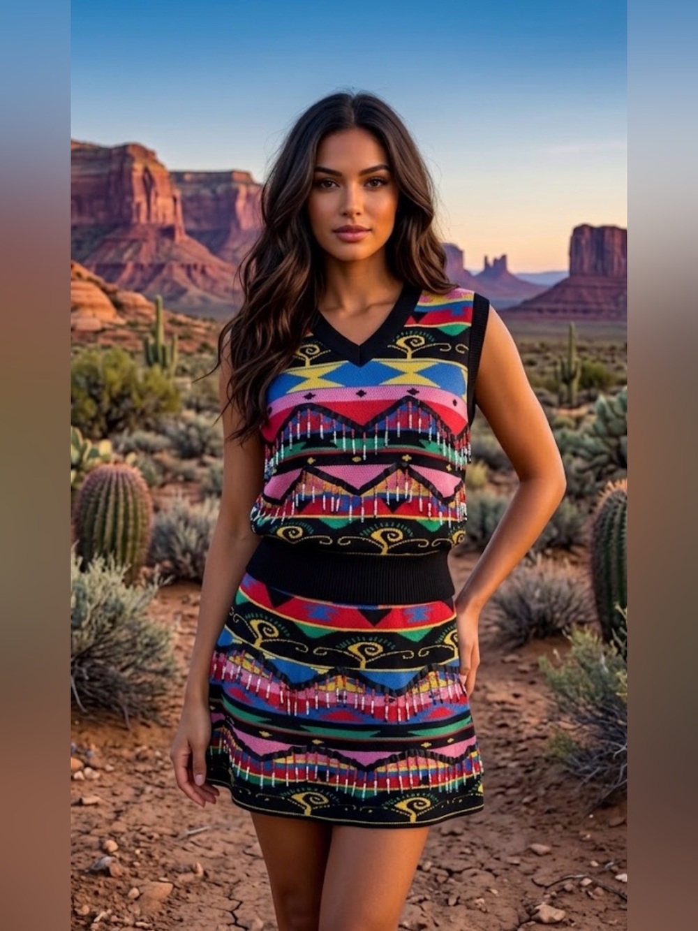New! QUEEN OF SPARKLES Multicolor Aztec Knit & Beaded Skirt Set
